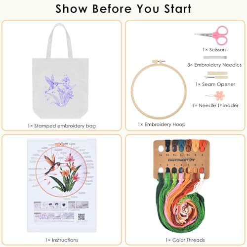 ERKOON Embroidery Canvas Tote Bag for Beginners, Needlepoint Arts Crafts Cross Stitch Kits for Adults Including Stamped Embroidery Bag with Hoops, Needle, Instruction and Color Threads (Hummingbird)