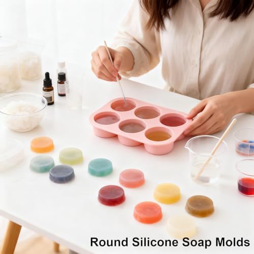 Nalchios 2 Pack Round Silicone Soap Molds, 3 Inch 6 Cavities Homemade Craft Silicone Molds BPA-Free, Heat Resistant, Easy Release & Clean, Home Kitchen Baking Pan for Cake, Muffin, Jelly Bakeware
