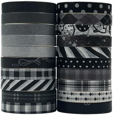 Vintage Thin Washi Tape, 7mm Narrow Decorative Tape for Journaling Planner Border Detailing，Bullet Journal, Minimalist Black White Fine Line Skinny Masking Tape for DIY Crafts Scrapbooking (20 Rolls)