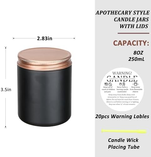 MILIVIXAY 20 Pack 8 OZ Thick Glass Matte Black Candle Jars with Rose Gold Lid-Bulk Empty Candle Jars for Making Candles-Canning Jar for Spice, Liquid, Sample- Dishwasher Safe.