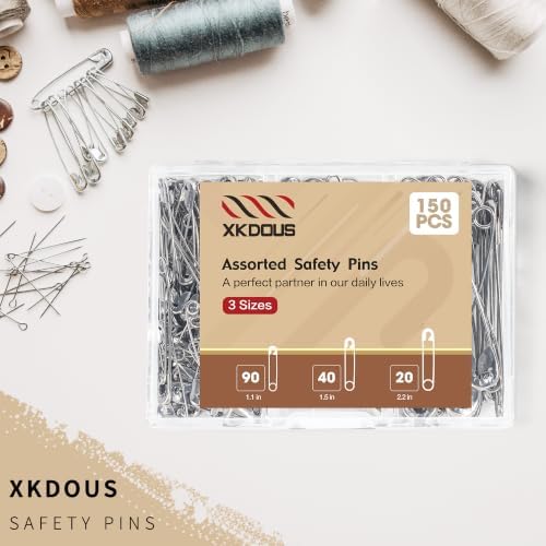XKDOUS 150 Pack Safety Pins for Clothes 3 Universal Assorted Sizes, Sliver