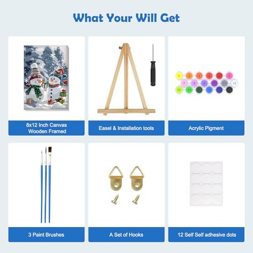MOGTAA Christmas Paint by Numbers Kit for Adults Beginners with Frame, Snowman Adult Paint by Number Kits on Canvas with Easel, Easy DIY Winter Oil Painting Kits for Home Decor, 8x12in