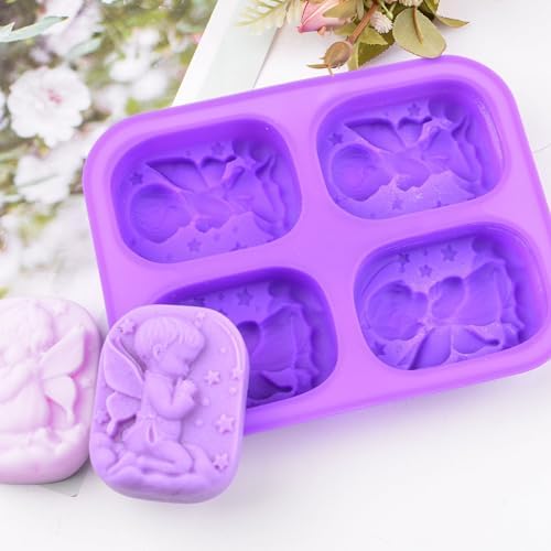 WANDIC 1 Piece Angel Silicone Soap Mold, 4-Cavity 3D Angel Candy Chocolate Making Mold Homemade Candle Drip Glue Mold Gypsum Making Supplies for DIY Crafts