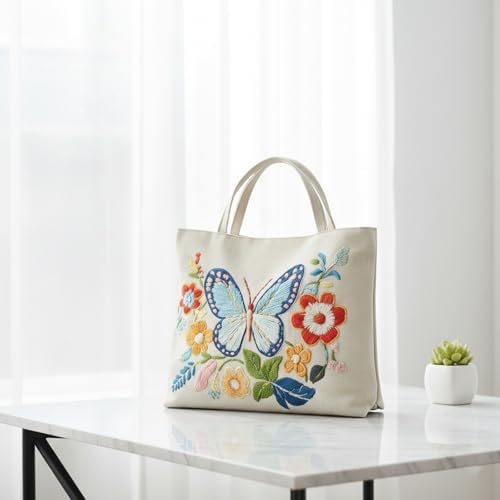 ARTopet Embroidery Tote Bag Kit for Beginners Butterfly Canvas Cross Stitch Handbag with Hoops Needles Threads Reusable Grocery Bag for Women-Butterfly03