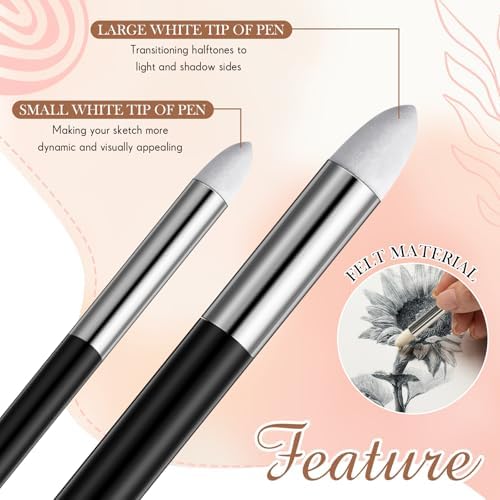 AmazingSpark 40 Pcs Blending Stumps for Drawing Set Sketch Drawing Tools Accessories with Sandpaper Pencil Sharpener Extension Tool Erasers, Sponge Replacement Heads & Felt Bag for Charcoal Sketch