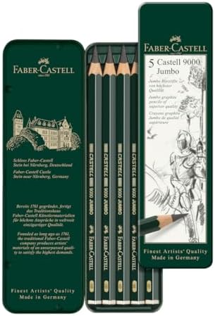 Faber-Castell 5 Piece Quality Castell 9000 Jumbo Graphite Pencils in a Tin, Including HB, 2B, 4B, 6B and 8B,Black