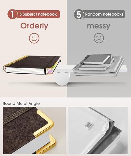 Hardcover Spiral Notebook Journal with Removable Dividers Tabs, 300 Pages Leather 5 Subject Notebook College Ruled, 8"x10" Large B5 Notebooks for Work School Note taking, Lined Journal for Women,Brown