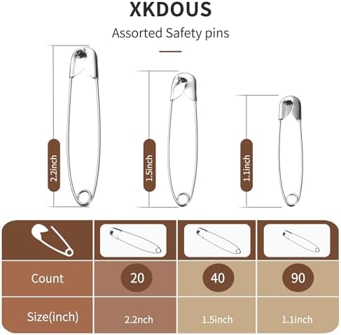 XKDOUS 150 Pack Safety Pins for Clothes 3 Universal Assorted Sizes, Sliver