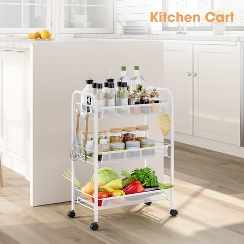 TOOLF 3 Tier Rolling Cart, Metal Utility Storage Cart with Wheels, White | 3 Hooks, Screwless Assembly, Trolley Organizer for Bathroom, Kitchen, Office, Nursery, Dorm, Laundry Room