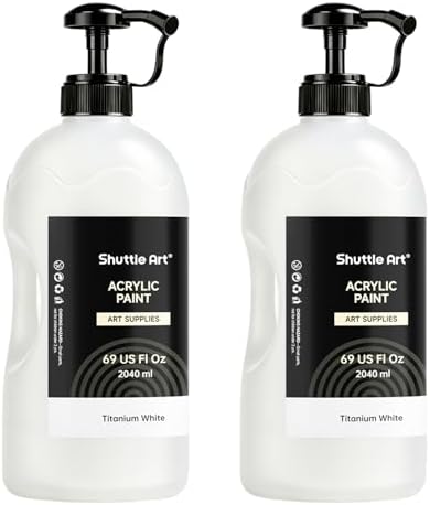 Shuttle Art Titanium White Acrylic Paint Set, 2×69oz/2040ml Large Capacity Pump Bottles with Covers, High Coverage, Fast Drying Non-Toxic Art Paint for Artists, Students, Kids & Multi-Surface