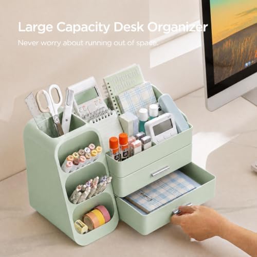 HBlife Desk Organizer with Pen Pencil Holder for Desk, Pen Organizer with 2 Drawers, Desk Organizers and Accessories with 4 Compartments, Desktop Storage for Office Home School Art Supplies, All Green