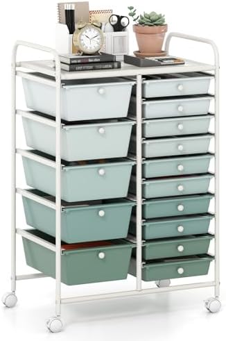 GOFLAME 15-Drawer Rolling Storage Cart, Craft Storage Cart with Removable Drawers & Lockable Wheels, Art Cart Supply Storage Organizer for Home Office Classroom, Green Gradient