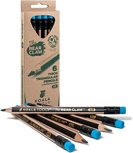 KOALA TOOLS | Bear Claw Pencils 1-Pack (6 Pencils) - Fat, Thick, Triangular Grip, Extra-Dark 6B Graphite Core with Eraser - Suitable for Kids, Art, Drawing, Drafting, Sketching & Shading