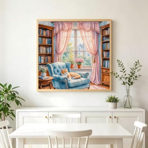 Accompany Wind Book Diamond Art Kits for Adults, 5D Cat Diamond Painting Kits for Beginners,DIY Round Full Drill Diamonds Gem Art Crafts for Home Wall Decor Gifts 14x14 Inch