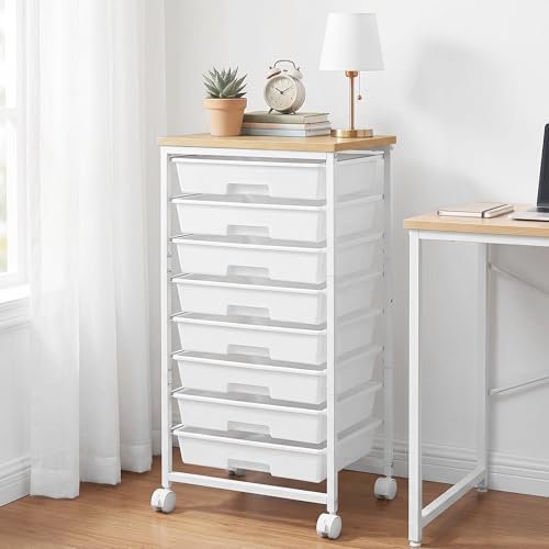 Rolling Cart with 8 Drawers, Rolling Storage Cart with Wooden Tabletop and Lockable Wheels, Craft Storage Cart for Living Room, Office, Classroom, Craft Room, Bedroom, Craft Organization and Storage
