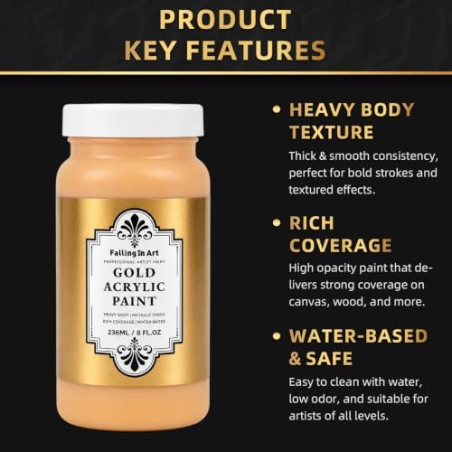Falling in Art Gold Metallic Acrylic Paint, 8 fl oz Heavy Body Gold Leaf Paint, Non-Toxic Art Paints for Metal, Furniture, Canvas, and DIY Crafts