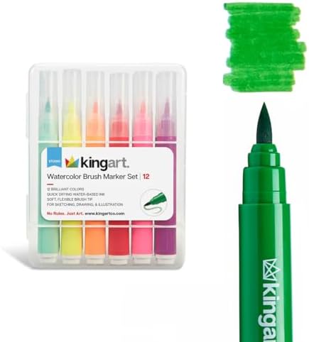 KINGART Brush Tip Watercolor Illustration Markers With Case, 12 Colors, Wide Barrel for Easy Hold, Water-based Non-Toxic Ink, Soft Flexible Tip for Graphic, Sketch, Comic Art, Manga & Lettering