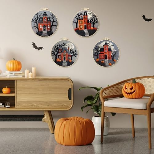 LB 4-Pack Halloween Castle Embroidery Kit for Beginners: Fall Pumpkin and Black Tree Bat Cross Stitch Kit | Adults DIY Starter Kit Includes Embroidery Hoop, Colorful Threads, Tools and Instructions