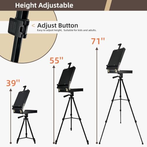 Black French Style Easel Sketch Box with Aluminum Tripod | Lightweight Black Aluminum Tripod, Adjustable Portable Plein Air Easel for Outdoor Painting, Sketching & Painting