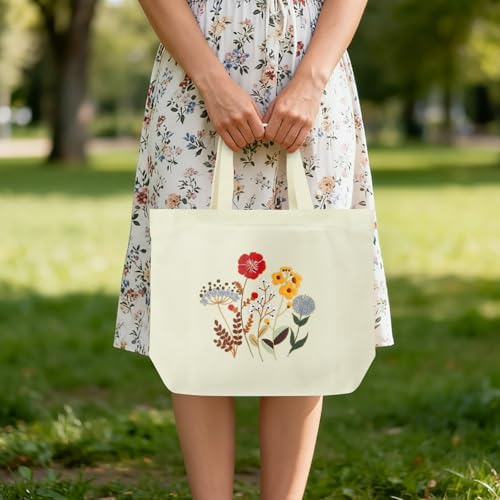 ERKOON Canvas Tote Bag Embroidery Kit for Beginners, Floral Arts Crafts Cross Stitch Kits for Adults Including Stamped Embroidery Bag with Hoops, Needle, Instruction and Color Threads (Flower)