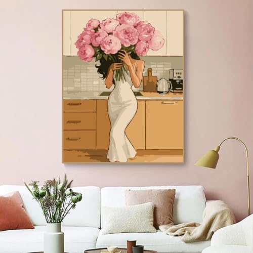 ZRIZQ Paint by Numbers Kit for Adults Beginner,Woman with Flowers,16X20