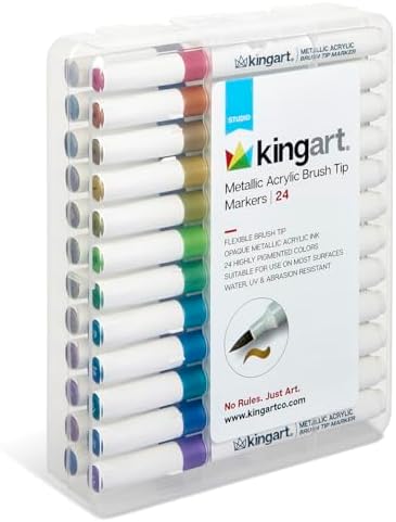 KINGART 24 Metallic Colors Acrylic Paint Markers, Brush Tip Pens for Stone, Wood, Calligraphy, Canvas, Ceramic, Metal, Glass, Rock Painting, DIY Crafts Art Supplies Kit