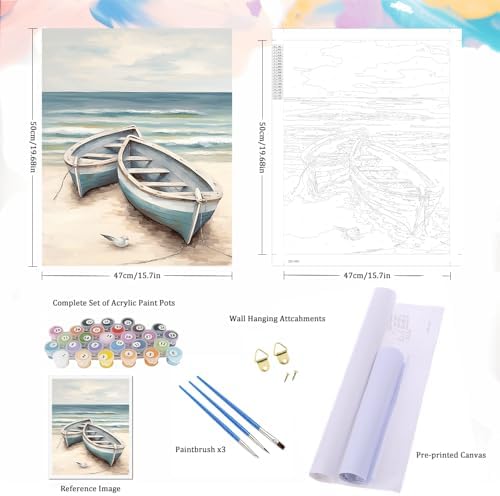 Natuyalo Paint by Numbers for Adults Beginner, Boat on the Beach Acrylic Easy Paint by Numbers Kits Craft Kits for Adults Suitable for Home Wall Decoration Flameless 16x20 Inch