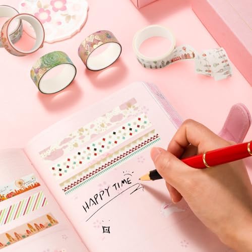 12 Rolls Aesthetic Washi Tape Set, Gold Foil Tree Ferris Wheel Hot Air Balloon Decorative Tape, Landscape Pattern Masking Tapes for DIY Scrapbook Design Journaling Handbook Making Card Wrap Craft