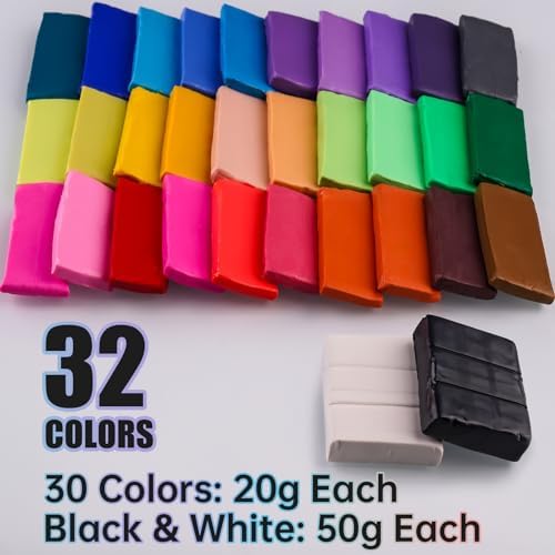 Tomorotec 32 Colors Polymer Clay Kit, 22.4 oz Soft Oven Bake Clay for Kids | Easy to Condition by Hand, Flexible for Blending and Stamping, Accepts Acrylic Paint and Alcohol Ink After Baking