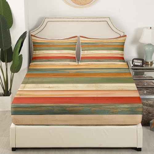 Retro Stripes Sheet Set Oil Painting Striped Bedding Set Modern Simple Style Bed Sheets Teens Room Decor Orange Green (King Flat & Fitted Sheet with 2 Pillow Case)