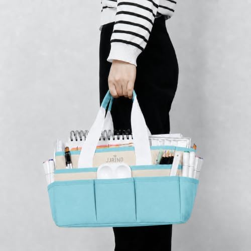 JJRING Craft Organizer Tote Bag Art Storage Caddy Sky Blue and Beige | With Multiple Pockets For Sewing, Scrapbooking, School, Medical, And Office Supplies