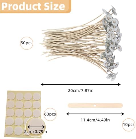Candle Wicks Kit - 50pcs 8 Inch Natural Candles Wicks with 10pcs Wooden Holders 120 Pcs Wick Stickers for Soy Wax Beeswax Coconut Wax Candle Making Supplies