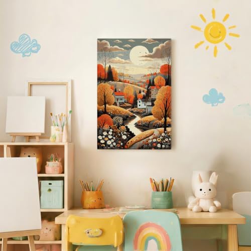 Spandrel Framed Paint by Numbers Kit for Adult Autumn Countryside, Adult Paint by Number Kits on Canvas Village Landscape, DIY Acrylic Oil Fall Painting by Numbers for Home Wall Decor, 8x12in