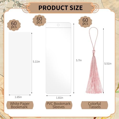 60 Sets Blank Kraft Paper Bookmarks Kit with Tassels and PVC Sleeves