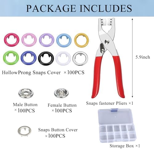 Minestylish 100 Sets Metal Snaps Buttons with Fastener Pliers Press Tool Kit Snaps for Sewing Perfect for DIY Crafts Clothes Hats and Sewing, Snap Button Fasteners Kit for Clothing(9.5mm / 400 PCS)