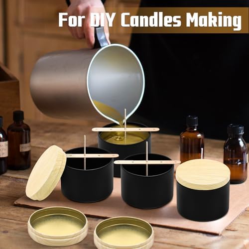12-Pack 16oz Candle Tins with Wood-Grain Printing Lids, Metal Candle Jars for Candle Making, Empty Containers Vessels Bulk for Small Business & Beginners DIY Storage -Wood Black