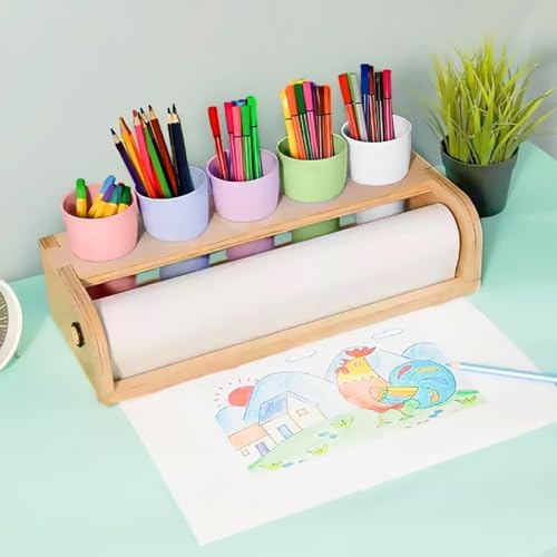 Kids Tabletop Paper Roll Dispenser with Paper Rolls (15"" x 16.4ft) and 5 Pencil Holder Cups Portable Art Painting Easel for Kids to Doodle Draw Play