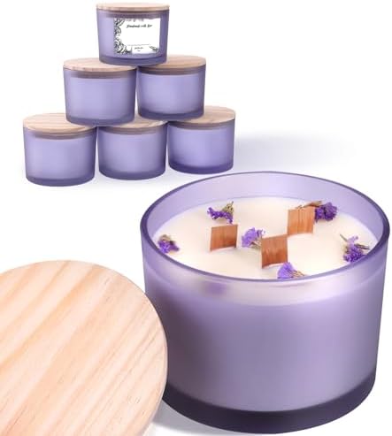 6 Pack Glass Candle Jars with Lids (16oz, Frosted Purple) - Large Candle Jars for 3 Wick Candles Making - Empty Candle Jars Containers - Candle Making Accessories include 16Pcs Candle Labels