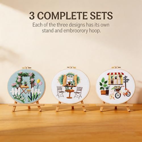 Qupace 3 Pcs Beginner Embroidery Kits for Adults - Garden Balcony Scene Pattern Cross Stitch, Green Themed Needlework Sewing Craft Kit,Farmhouse Kits