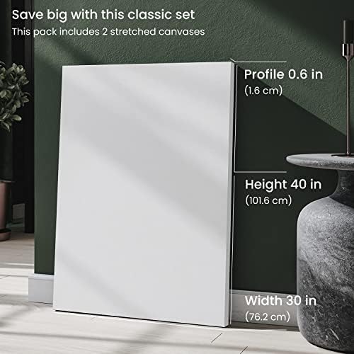 ARTEZA Stretched Canvas, 30 x 40 Inches, Pack of 2, Blank White Large Canvas for Painting for Acrylic, Oil and Gouache Paints | Cotton Surface, Pinewood Bars, Pre-Primed with 8 oz Acid-Free Acrylic Gesso, For Oil, Acrylic, Gouache and Tempera