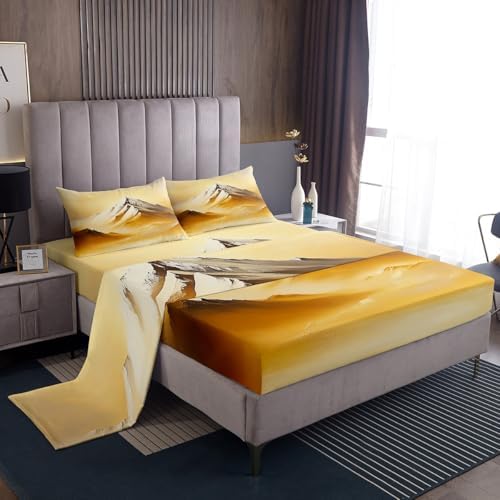 Landscape Themed Sheet Set Golden Mountain Scenery Bedding Set Natural Landscape Bed Sheets Teens Room Decor Golden White (King Flat & Fitted Sheet with 2 Pillow Case)