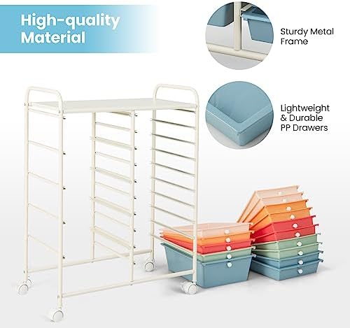 Giantex 15 Drawers Rolling Cart, Classroom Organizers, Storage Cart with Wheels, for Teacher Office Home School Supplies Tool Craft Art Paper