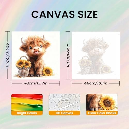 Amaieuin Highlan Cow Paint by Number Adult,Paint by Number Kits for Adults,Cow Canvas Paint by Numbers for Adults,Gifts and Home Wall 16x16in