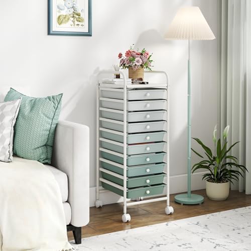 Storage Cart, Rolling Utility Cart with 10 Drawers, Portable Handles & Lockable Wheels, Mobile Paper Toys Storage Organizer Large Capacity for Home Office School Teacher (Gradient Green)