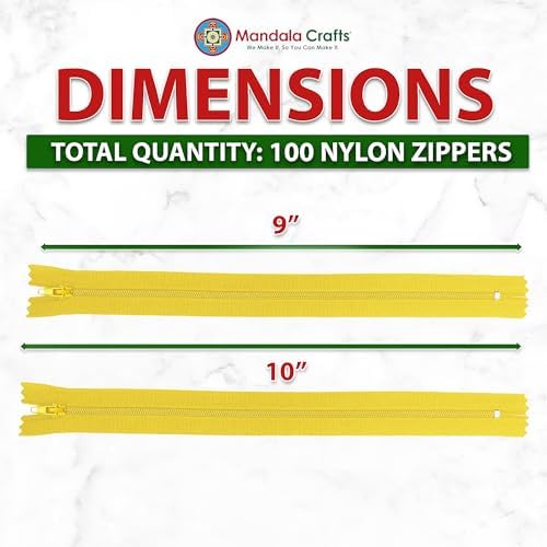 Mandala Crafts 100 Mustard Yellow Closed-End 10" Nylon Zippers for Sewing