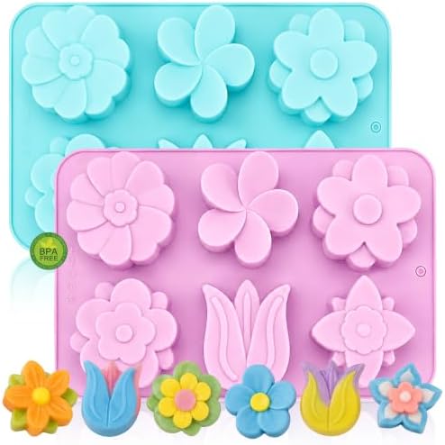 2 Pack 6 Cavity Tulip Flower Silicone Molds, Food Grade Flexible Reusable Molds Easy Release for Soap Bath Bomb Chocolate Candy Jelly Ice Cube, Microwave Freezer Dishwasher Safe