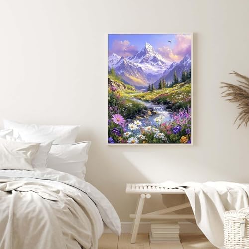Alptiny Mountain Landscape Paint by Numbers Kit for Adults Beginner, Mountain Wildflowers Paint by Number Kits, DIY Nature Oil Painting Kit for Relaxation & Home Decor, 16x20 Inch