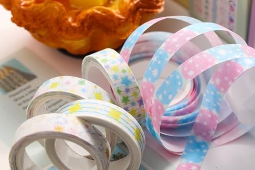 Cute Pattern Washi Tape Set 5 Rolls Glitter Cover Decorative Wide Kawaii Masking Tapes for Arts, DIY Crafts, Journals, Planners, Scrapbook, Wrapping (2 Star Sparkle)