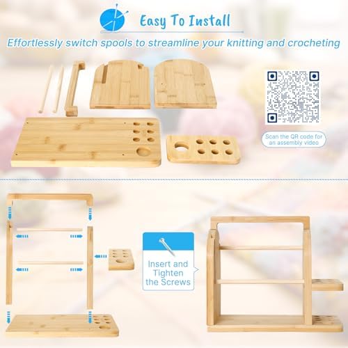 Aolamegs Yarn Holder for Crochet and Knitting, Bamboo Wooden Yarn Spinner Storage Organizer for Crocheting Accessories,with Anti-Slip Pads, Works with Skein, Cake, Ball