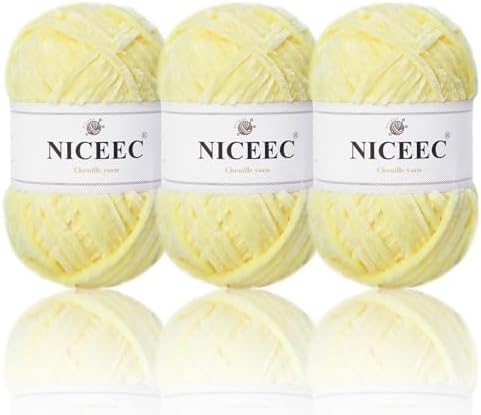 NICEEC 3 Skeins Soft Chenille Yarn 3 x85m (3X 93yds, 3X 50g)_Light Yellow
